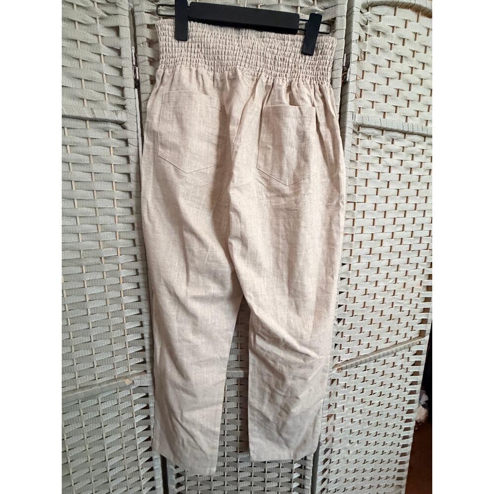 Emme Smocked Waistband Linen Pants Medium Beige NWT Cropped Length Pull On - Picture 10 of 13